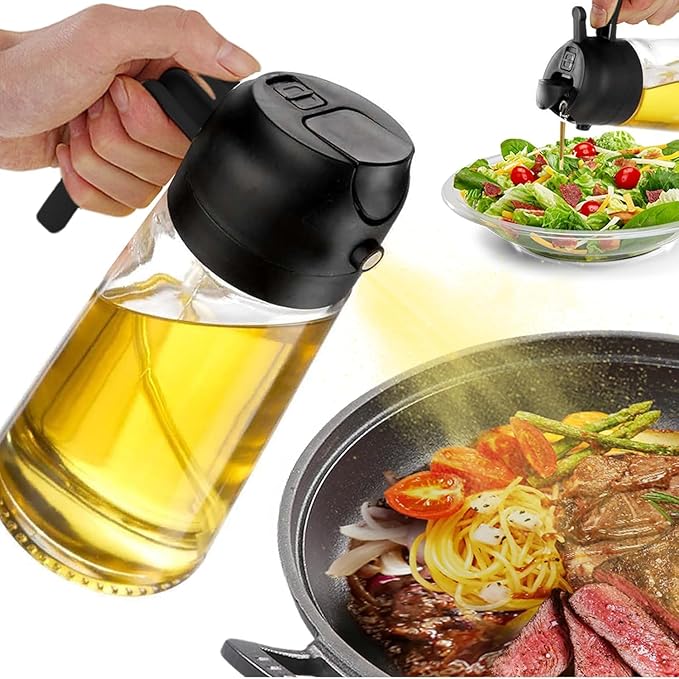 2 in 1 Spruzzatore Olio e Dosatore Olio, 470ml Spruzzino Olio Per Friggitrice Aria, Bottiglia di olio d'oliva in vetro per cucina, insalata e barbecue