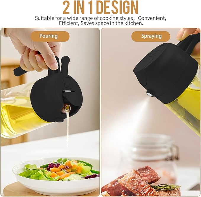 2 in 1 Spruzzatore Olio e Dosatore Olio, 470ml Spruzzino Olio Per Friggitrice Aria, Bottiglia di olio d'oliva in vetro per cucina, insalata e barbecue