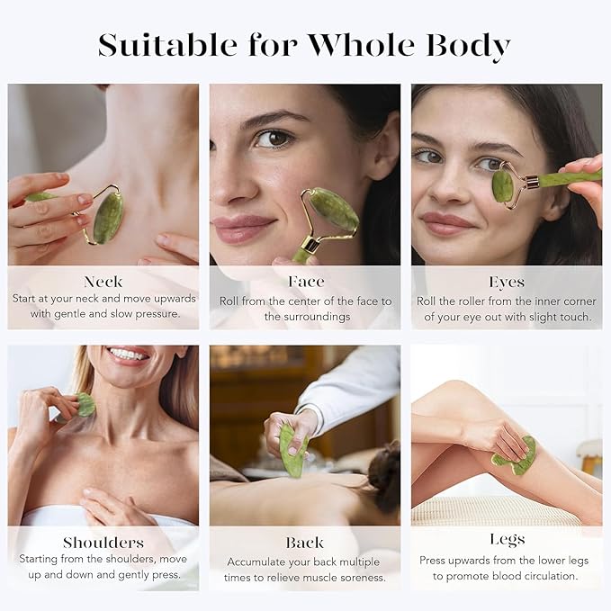 BAIMEI Gua Sha e Rullo di Giada per il Viso,Massaggiatore Lifting Viso e Guasha per il Corpo, Idea Regalo Perfetta,e Rilassa La Pelle,Regali Per Le Donne