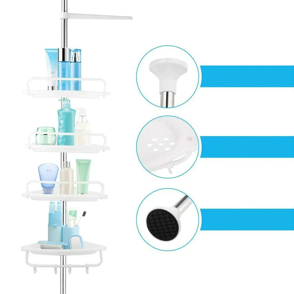Telescopica Mensola Doccia Senza Foratura Telescopico Angolare Mensole Bagno Risparmiare Spazio Bagno Mensole Doccia Antiruggine con 4 Ripiani e 1 Portasciugamani per Vasca 70-320CM Bianco
